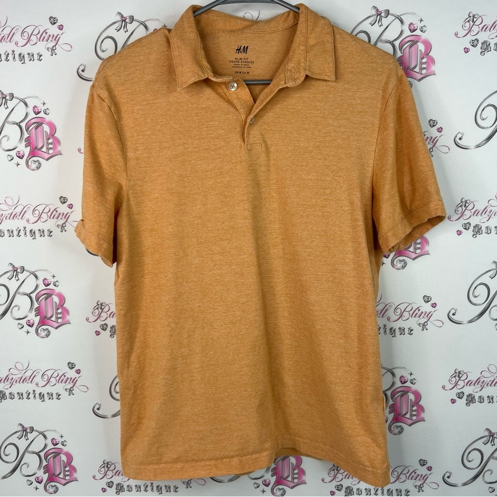 H&M tshirt collared tee Men's Polo Shirt in Warm Orange rusty button half up